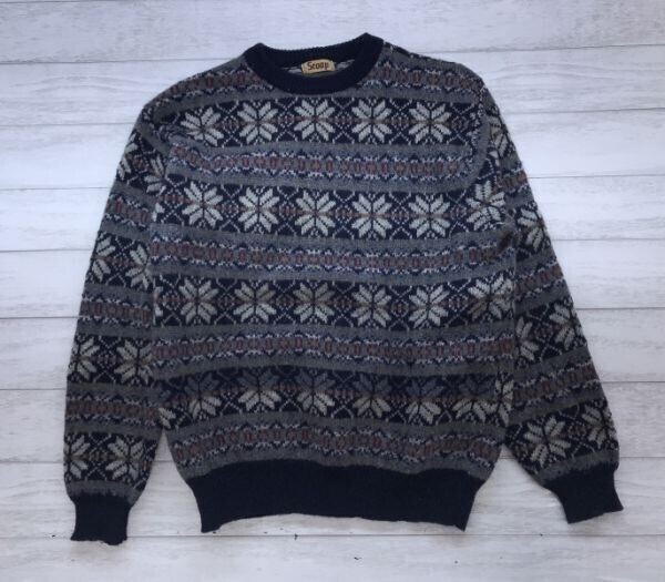Scoop スクープ オールド アメカジ カントリー 雪柄ノルディック ジャガード ボーダー クルーネック ニット セーター メンズ ウール混 紺系拍卖