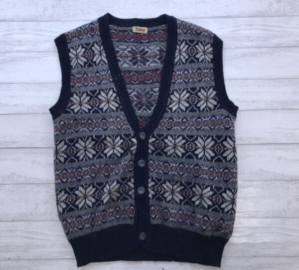 Scoop スクープ オールド アメカジ カントリー 雪柄ノルディック ジャガード ボーダー クルーネック ニット ベスト メンズ ウール混 紺系拍卖