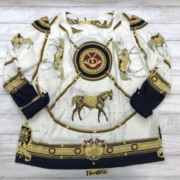 レディース 馬 アンティーク柄 薄手 タック トップス カットソー 9AR66 アイボリー紺拍卖