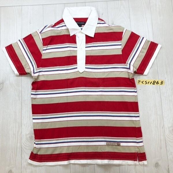 INEXCESS メンズ ロゴタグ付き ボーダー 半袖ポロシャツ L 赤ベージュ他拍卖