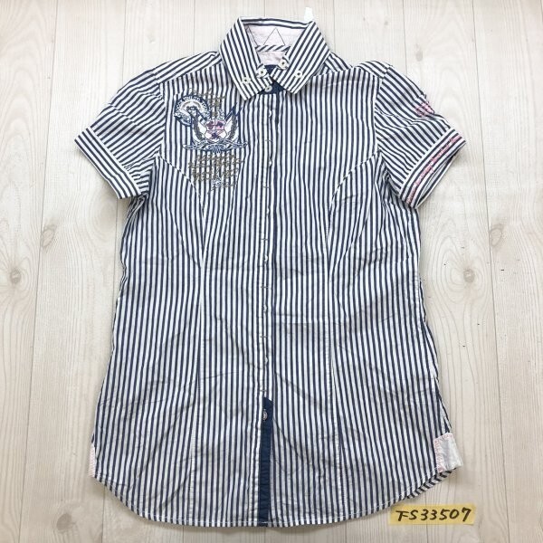 POLO ASSOCIATION レディース エンブレム刺繍 ストライプ 半袖シャツ S 紺白拍卖