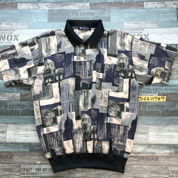 press-ttache メンズ 半袖 総柄 ハーフボタン 半袖ポロシャツ M 紺拍卖