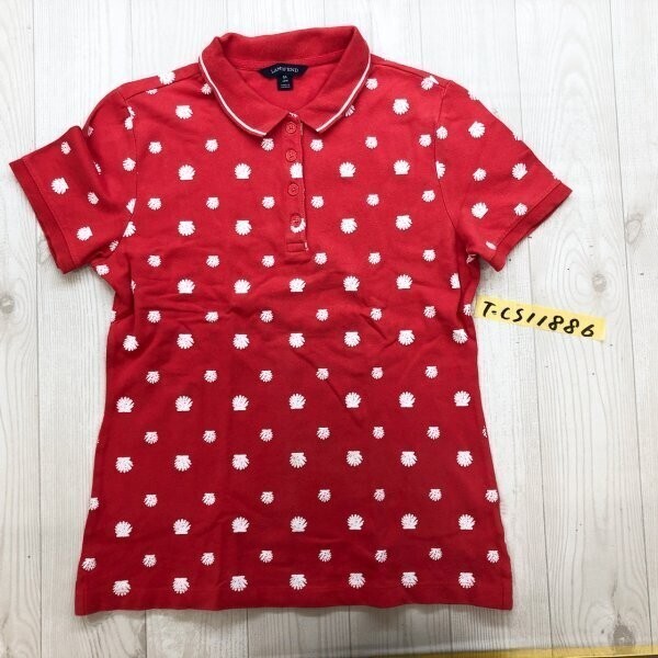 LAND’S END ランズエンド レディース 貝殻 総柄 半袖ポロシャツ M 赤ピンク白拍卖