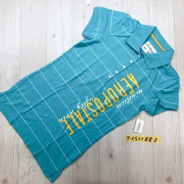 訳あり新品!AEROPOSTALE エアロポステール レディース ビッグロゴ ナンバリングプリント ボーダー 半袖ポロシャツ M アクアブルー白 細身拍卖