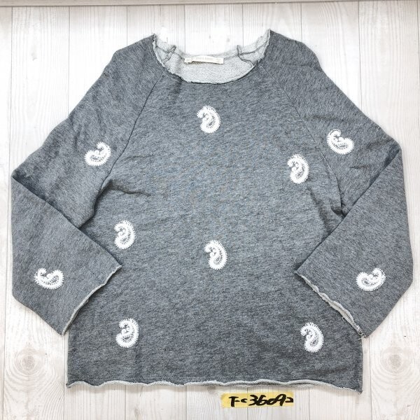ZARA BASIC ザラ レディース ペイズリー ビジュー刺繍 カットオフ スウェットカットソー S 杢グレー拍卖