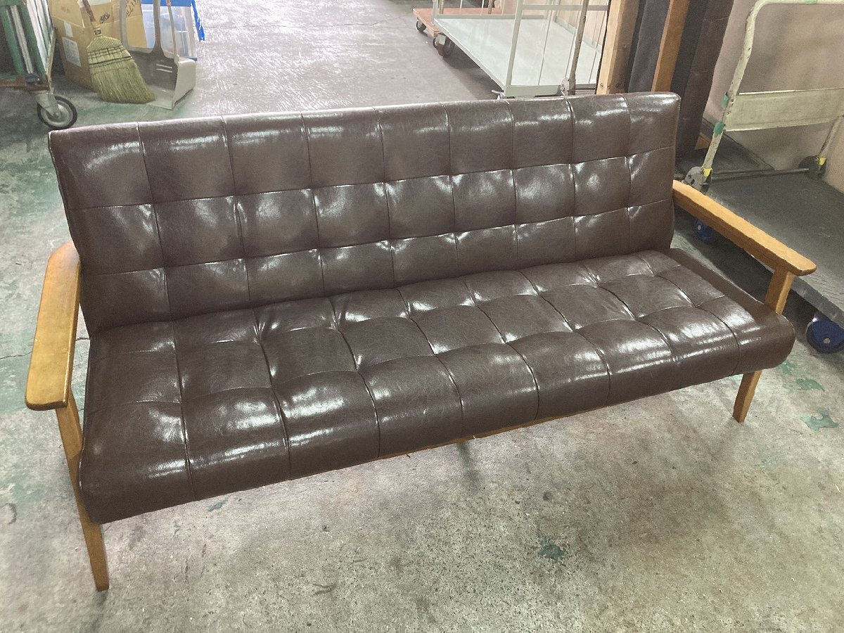 引-4061 ♪ L 大阪 引取限定 店舗 事務所 応接室 オフィス 家具 幅170cm(ひじ掛け含む) ソファー 革製 ダークブラウン へこみあり 中古拍卖