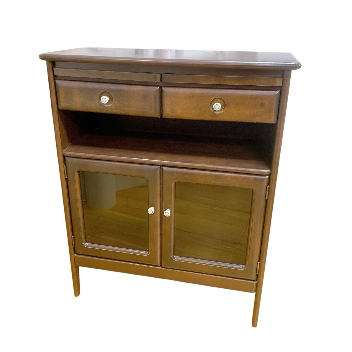 Y-561 カリモク 木製キャビネット 食器棚 収納棚 引き出し付き ガラス扉 ブラウン 良品 家財便対応 カリモク家具拍卖