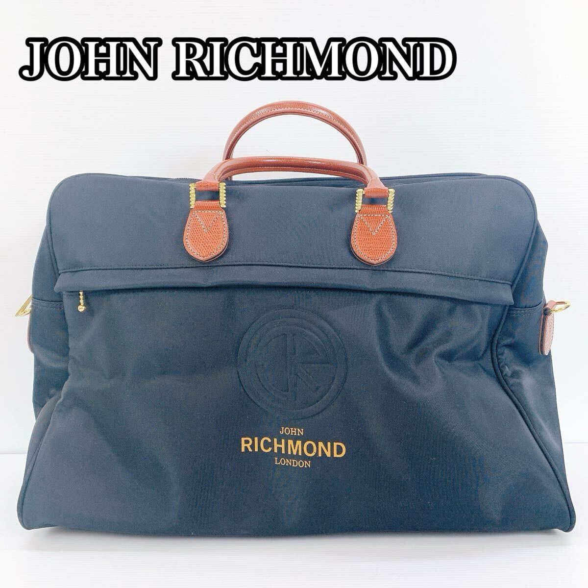 H-123 JOHN RICHMOND ボストンバッグ トラベルバッグ 黒×ブラウン レザー持ち手 大容量 旅行 出張 男女兼用 撥水ナイロン ハンドバッグ拍卖