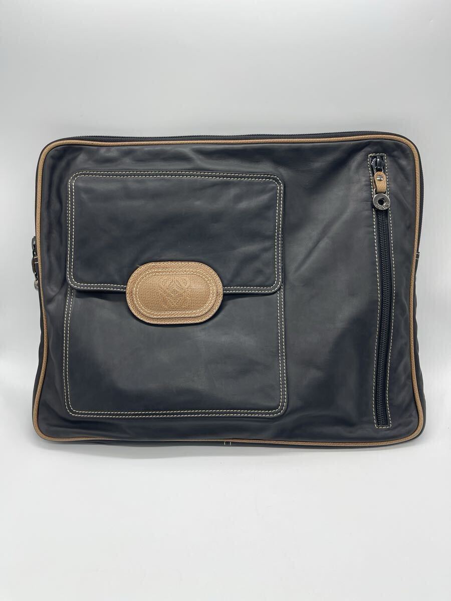 【1円スタート】LOEWE ロエベ レザークラッチバッグ セカンドバッグ ネイビー×ブラウン ロゴ総柄裏地 希少 ヴィンテージ拍卖