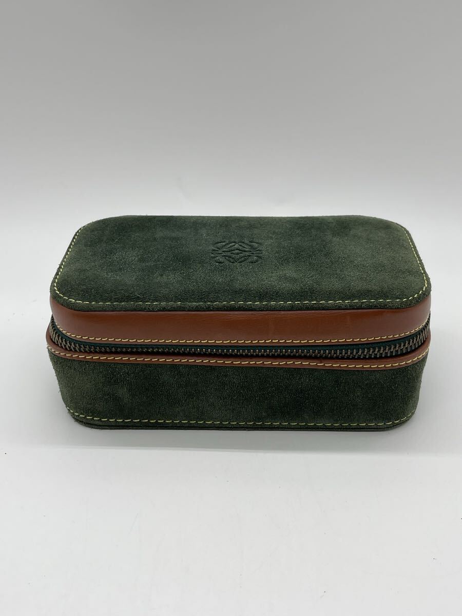 【1円~】LOEWE ロエベ スエード×レザー ジュエリーケース ポーチ グリーン ブラウン Madrid 1846 刻印 高級感 スペイン製 拍卖