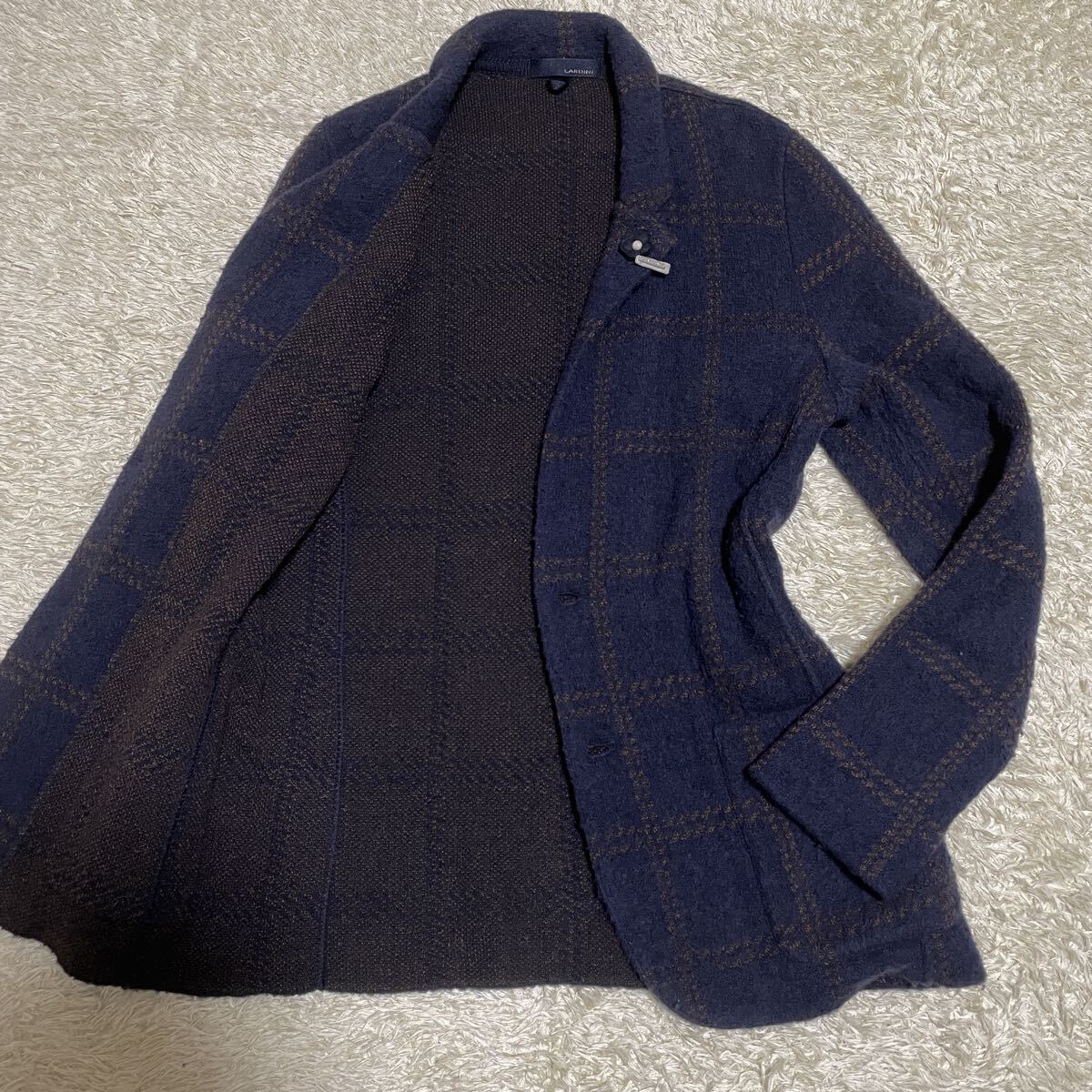 LARDINI ラルディーニ ロゴ ブートニエール付 ウールモヘア ニット テーラードジャケット ブレザー モヘヤ ネイビー M イタリア製 メンズ拍卖