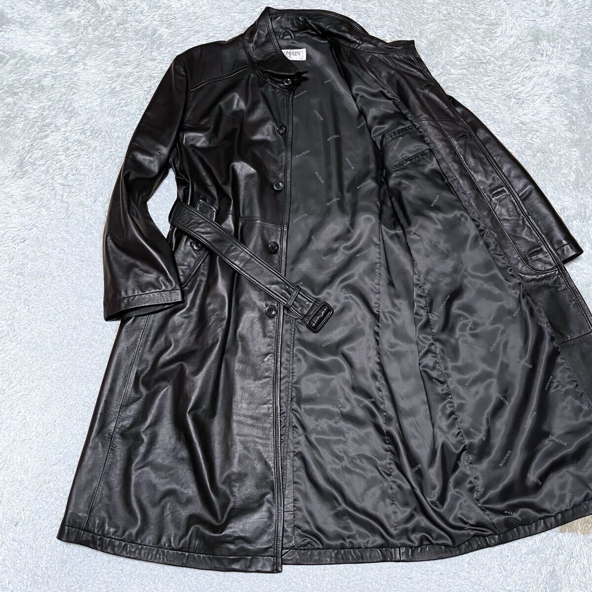 《希少!メンズLLサイズ》BALMAIN バルマン 最高級羊革 極上ラムレザー トレンチコート ベルト付 ロングコート 裏地総柄 ブラック 極美品拍卖