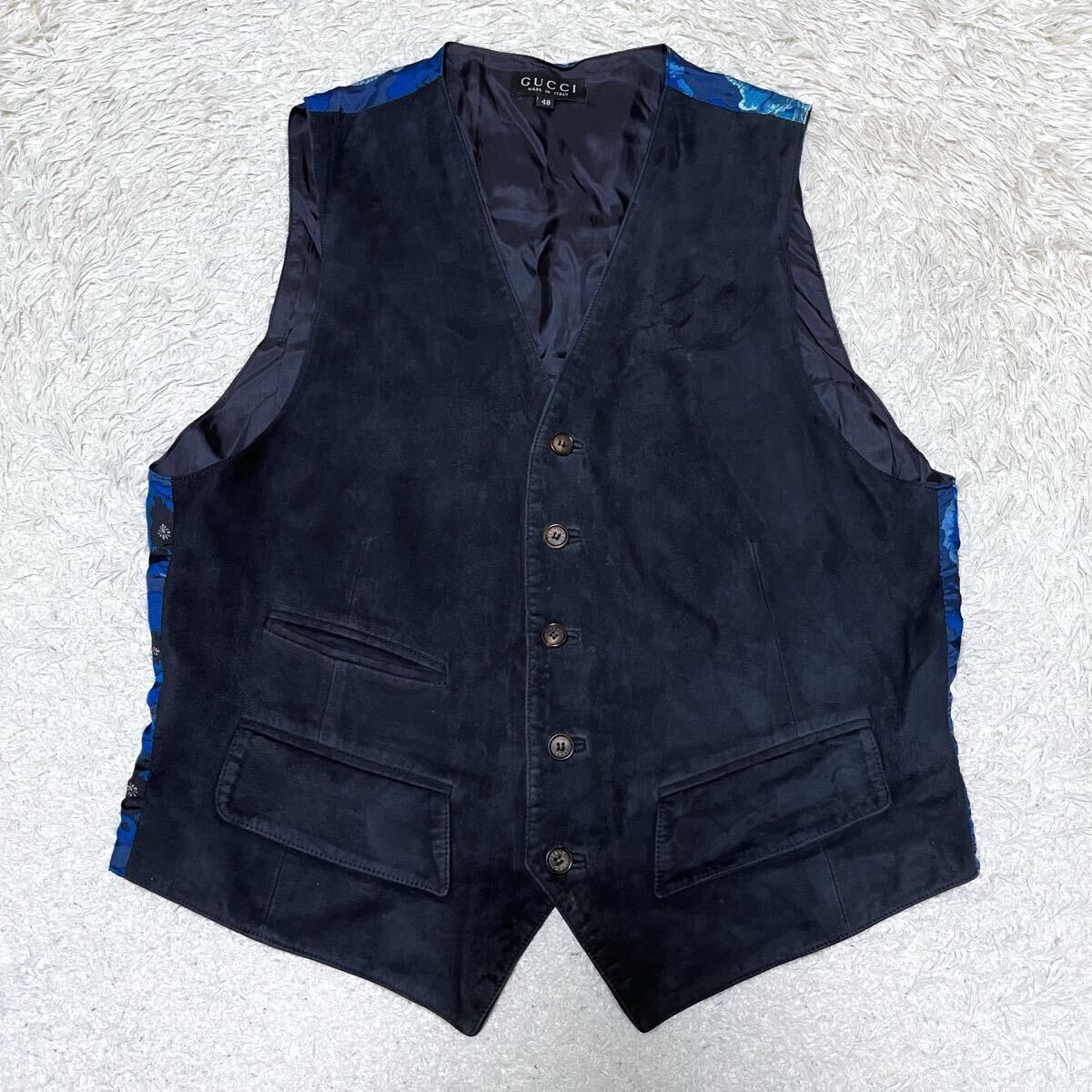 GUCCI グッチ 90s トムフォード期 スエードレザー×花柄 ジレ ベスト 本革 切替 サイズ48 L相当 メンズ ダークネイビーxブルー拍卖