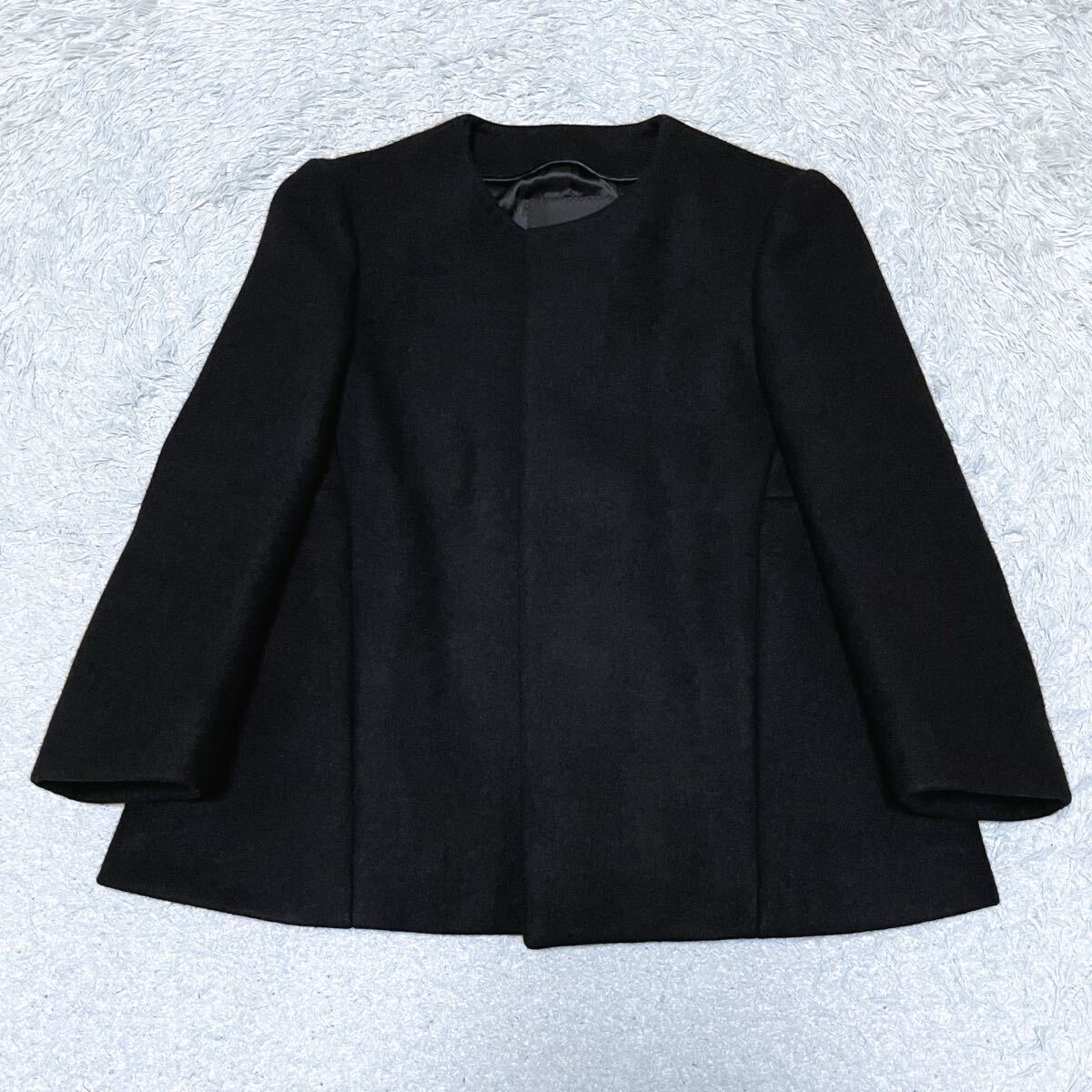 極美品 DRAWER ドゥロワー ウールメルトン ショートコート ノーカラージャケット ギャザーデザイン サイズ38 M相当 ブラック 黒拍卖