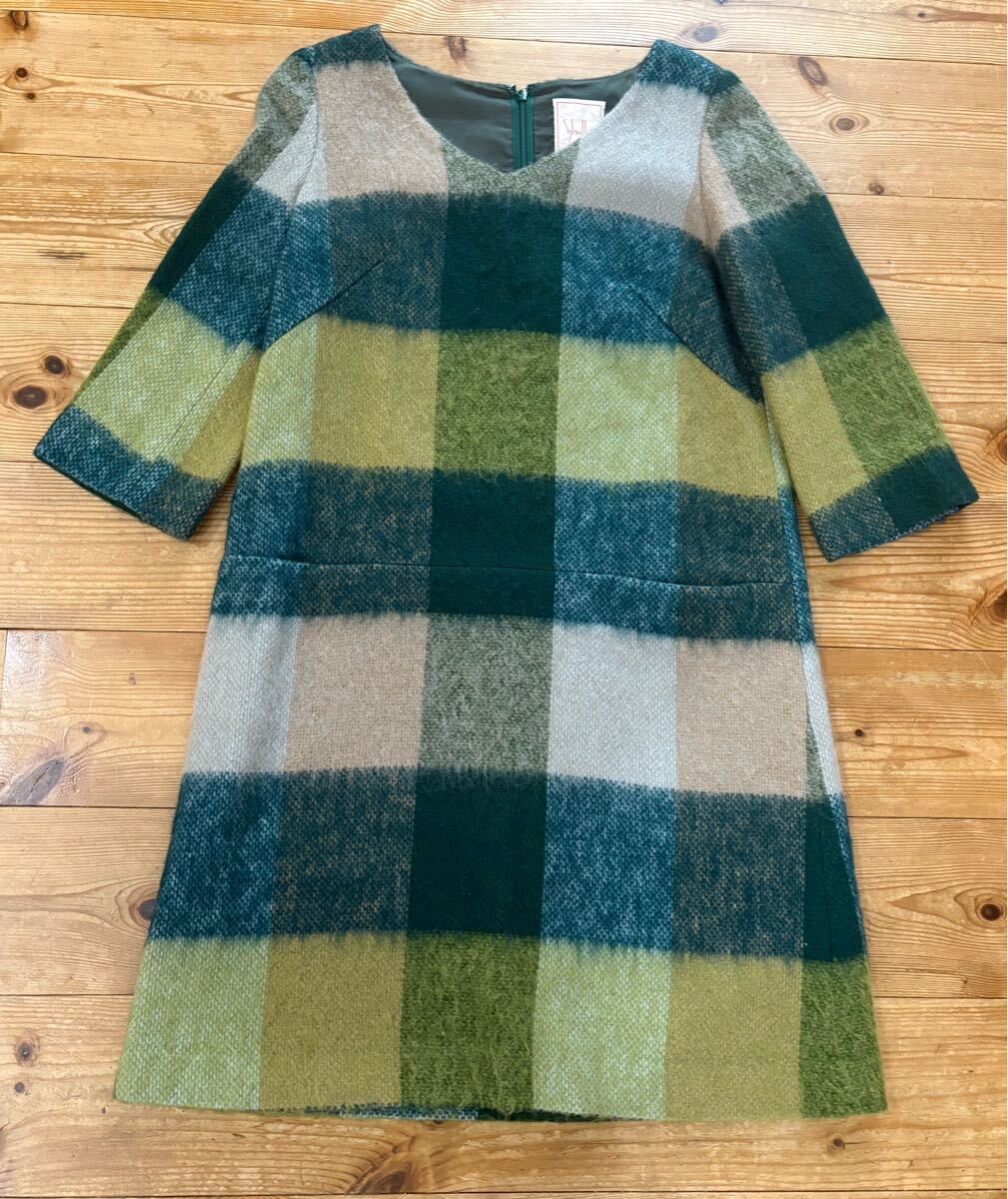 ★シビラ★日本製 起毛グリーン系ビッグチェックチュニックワンピースM【送料無料】拍卖