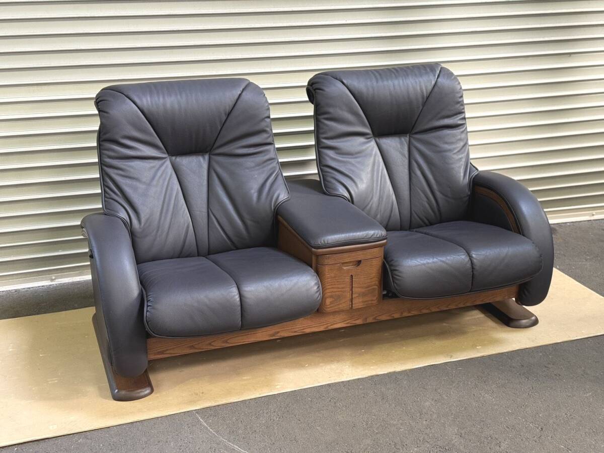 T278◇富士ファニチア◇リクライニングソファー 2P 本革 FujiFurniture ハイバック レトロ 和モダン拍卖