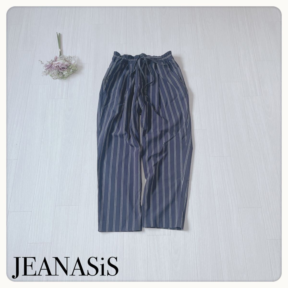 【JEANASiS】ジーナシス ストライプ スラックス ネイビー サイドポケット ウエストゴム 紐調整可能 リラックス F拍卖