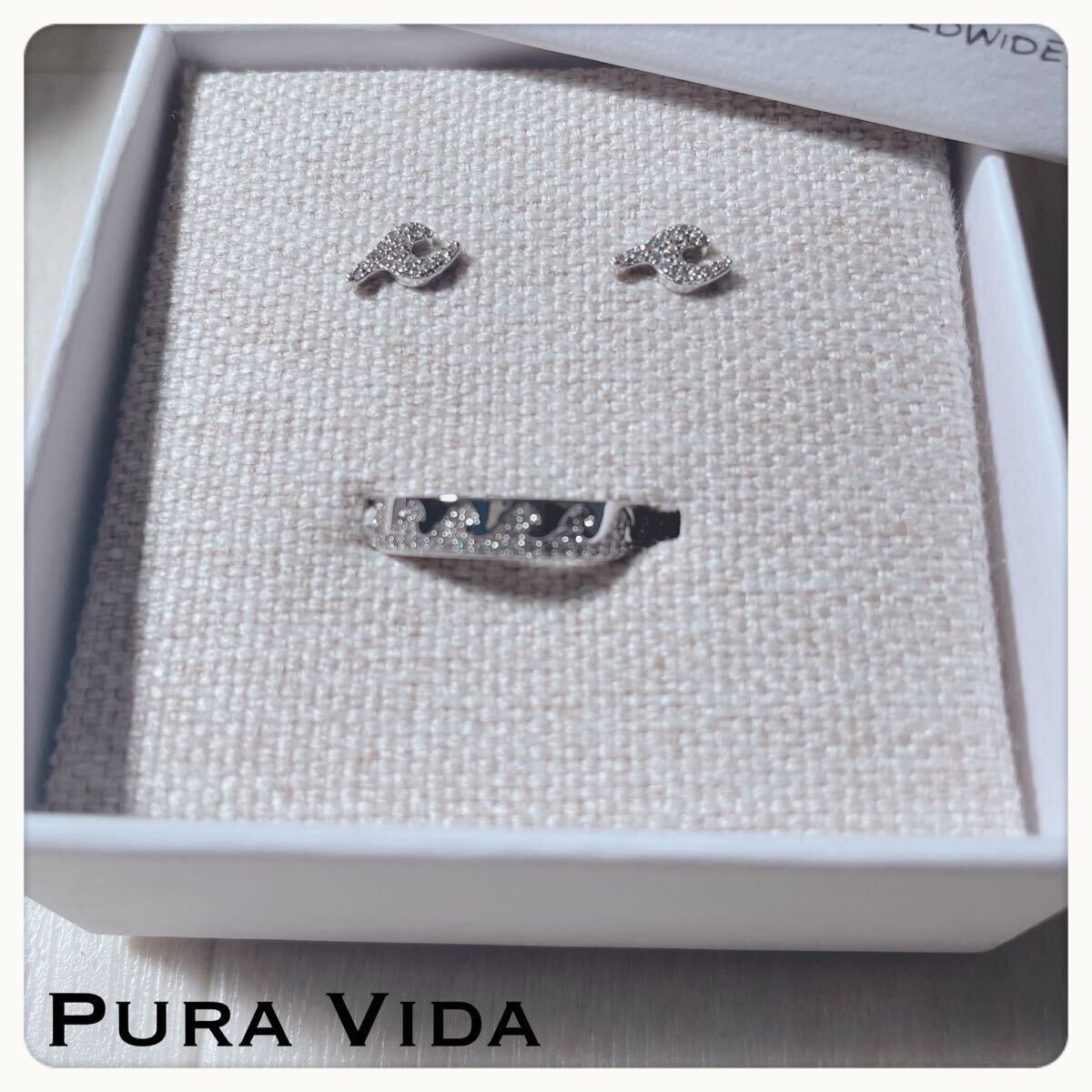 【未使用タグ付】Pura Vida プラヴィダ 高級CZ Wave ピアス&リングセット シルバー サイズ6 コスタリカ人気ブランド 拍卖