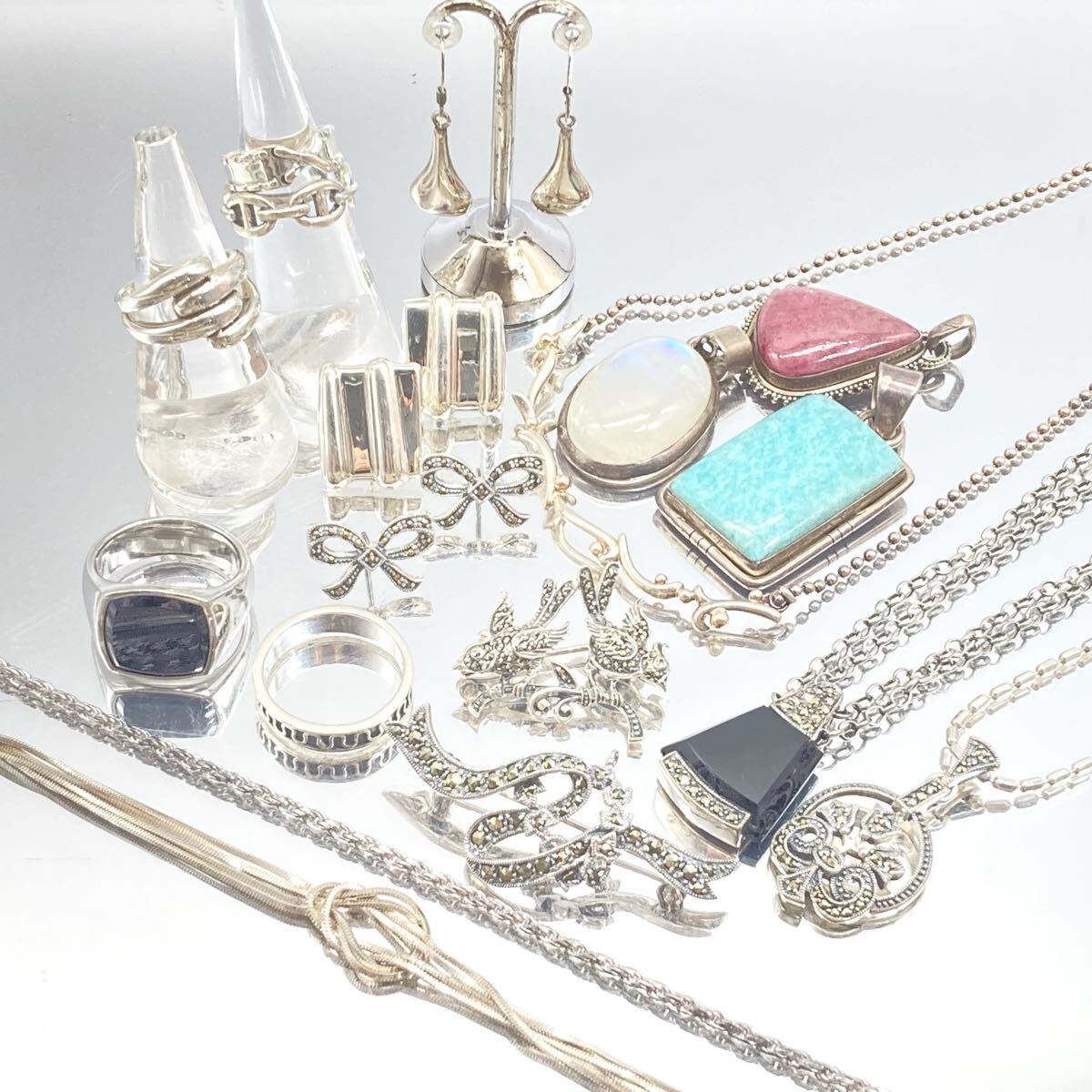 4℃/K10付入り!!■アクセサリーおまとめ■ d 約137.8g ネックレス 指輪 ピアス シルバー ムーン マーカサイト アマゾナイト オニキス C146拍卖
