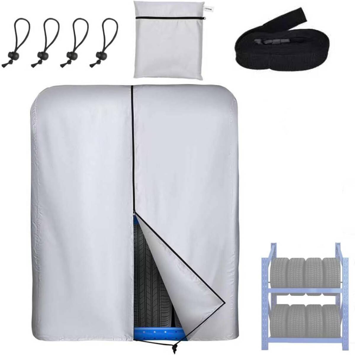 タイヤラックカバー (112×75×145cm) 屋外 防水 8本収納 ファスナー付 厚手 420D 保管カバー 紫外線カット 収納袋付き (カバーのみ)拍卖