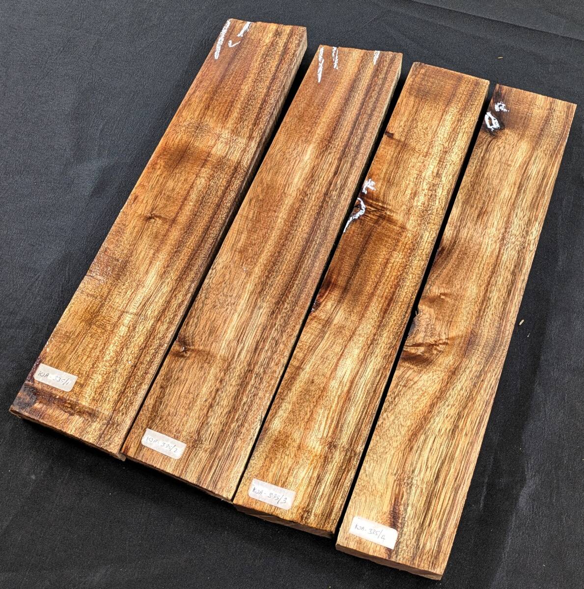 【ハワイアンコア・4本セット】◆KOA-335◆2Aグレードカーリー杢◆送無◆超特価ハワイアンコア◆ハワイ島直送◆ Hawaiian Koa #1#2#3#4拍卖