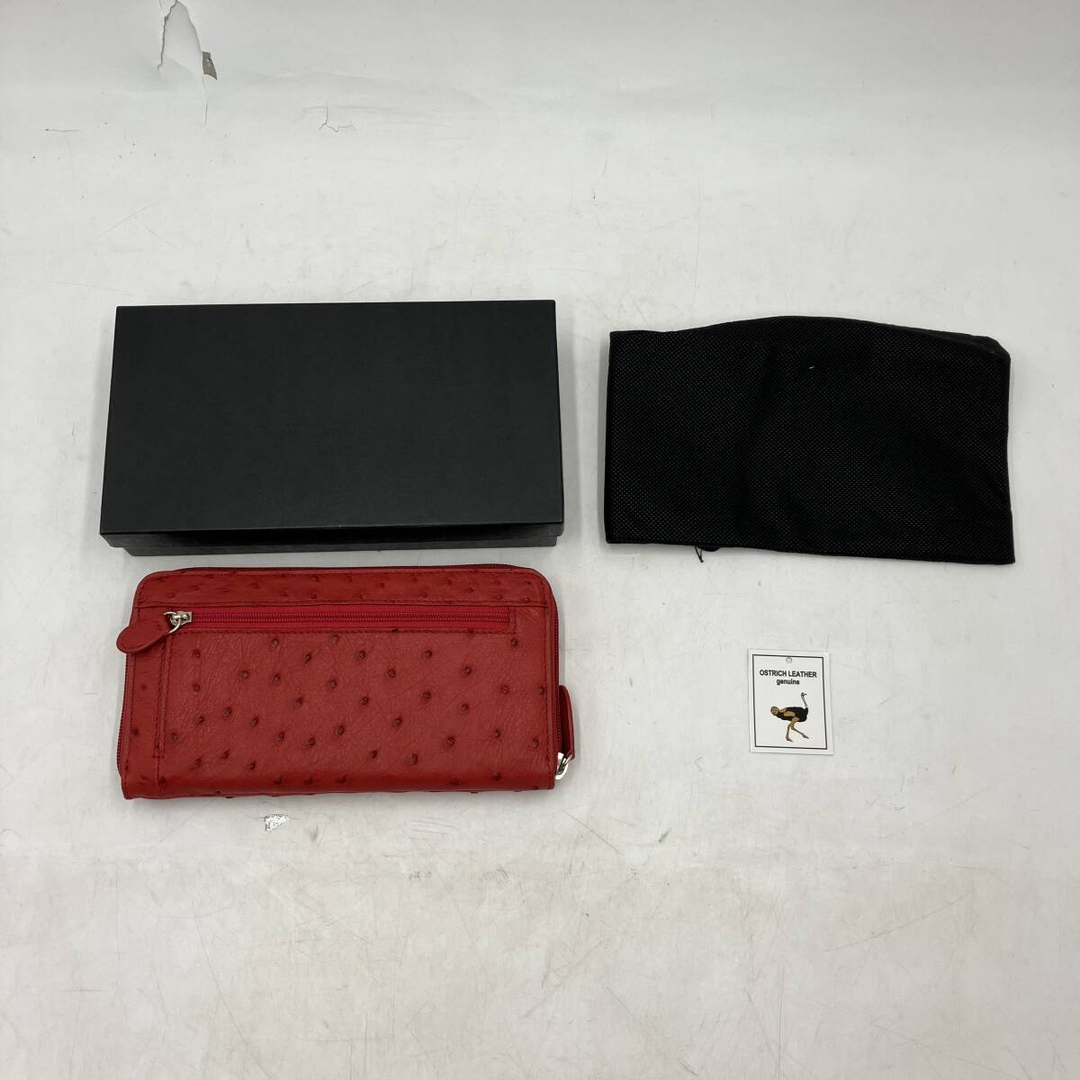 【長期保管品/美品】OSTRICH LEATHER genuine オーストリッチ レザー 本革 赤 長財布 財布 HL-6754-OS 飼育だちょう 1点 専用袋付き拍卖