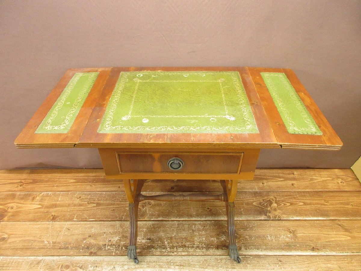 【JZ-0095】昭和レトロ ヴィンテージ イギリス? アンティーク調 バタフライテーブル/サイドテーブル レザー 獣脚 東京引取可【千円市場】拍卖