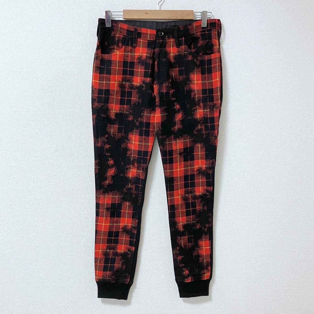 Y's Yohji Yamamoto ウール チェック 裾リブ スリム パンツ 赤系 2サイズ ワイズ スキニー スラックス ジョガー archive 5060707拍卖