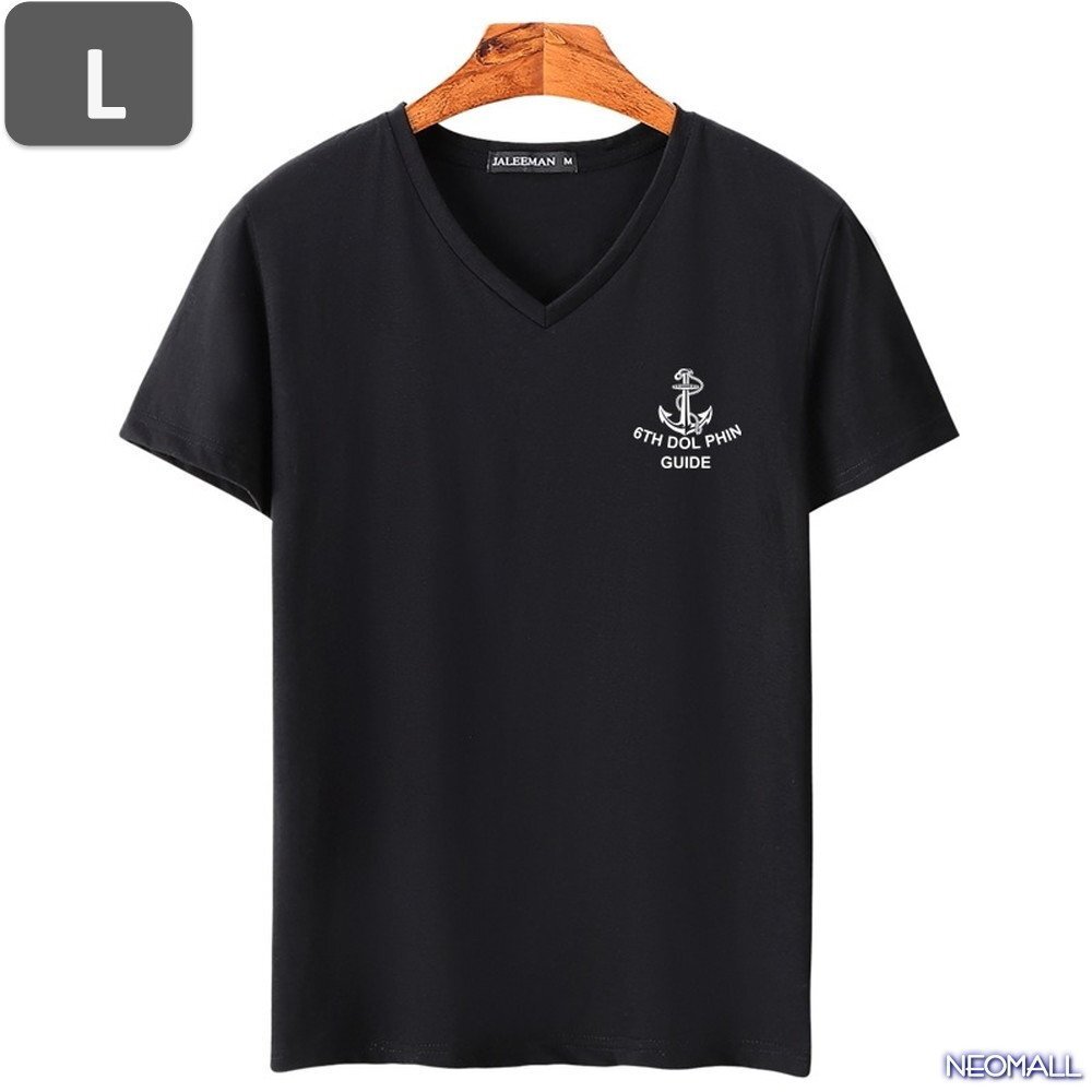 夏にピッタリ ☆ Vネック 半袖 Tシャツ【454】 ブラック Lサイズ トップス シャツ シンプル イラスト デザイン 春夏拍卖