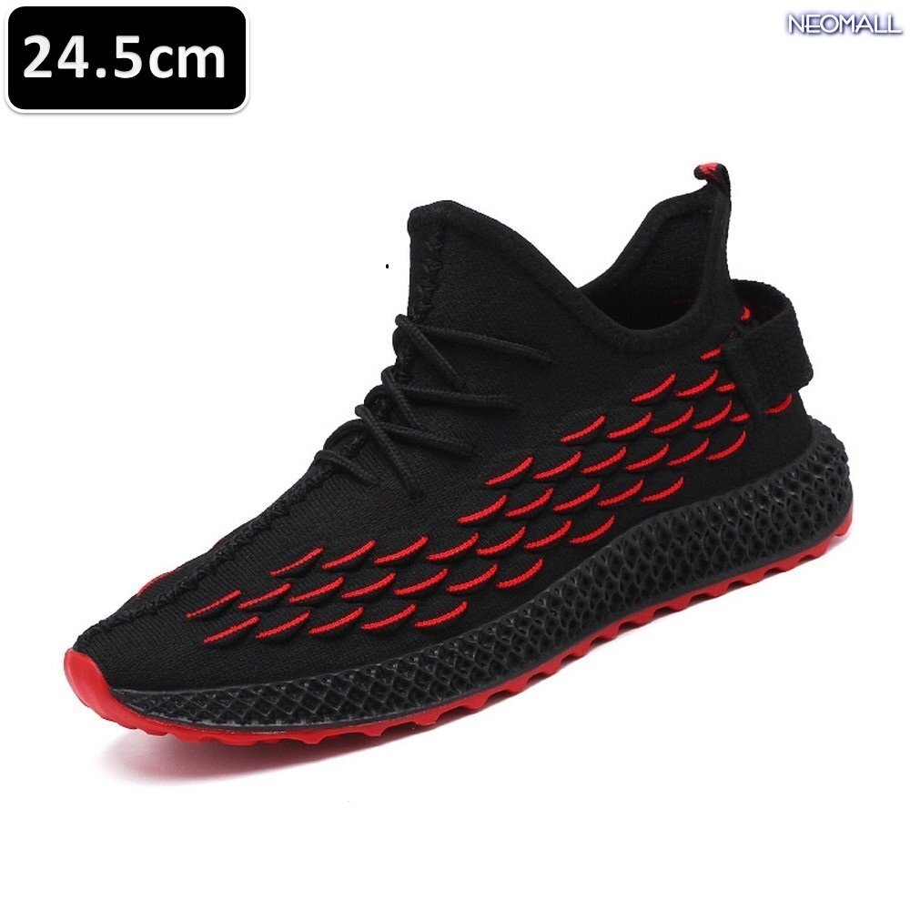 人気商品 ☆ メンズ スニーカー 24.5cm ブラック×レッド 靴 シューズ 防滑 ランニング ジョギング 通勤 通学 旅行 【400】拍卖