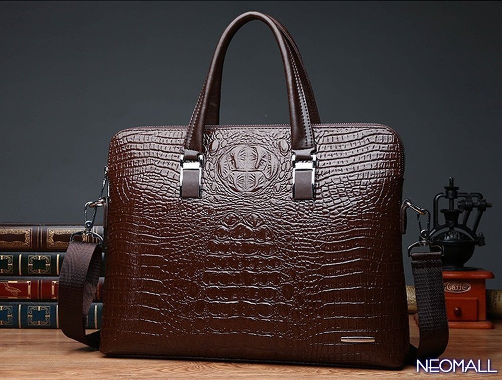 人気☆ 新品 メンズ 高級PUレザー ビジネスバッグ【596】ブラウン ブリーフケース ショルダー スクエア 横型 大人気 質感◎ワニ柄 型押し拍卖