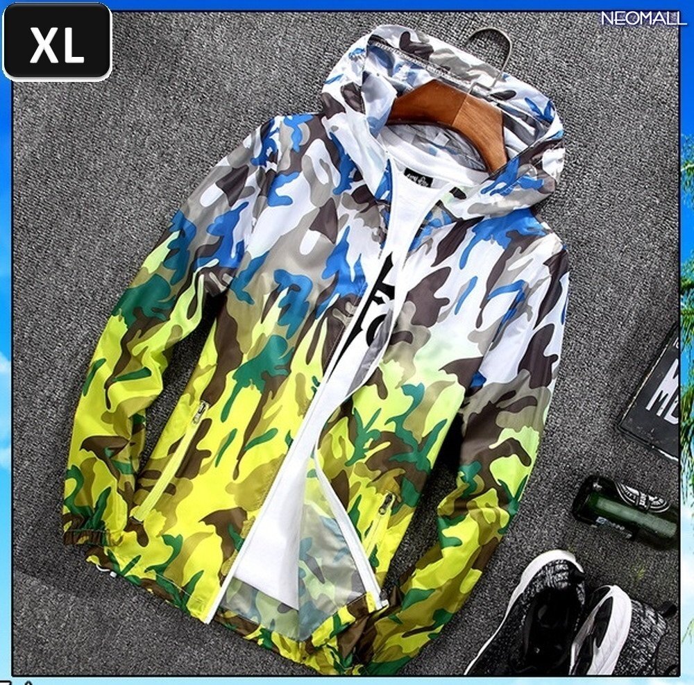 人気商品【372】 ウィンドブレーカー フード付き イエロー XL メンズ ナイロン カモフラ 柄 アウトドア 防風 軽量 ジャケット拍卖
