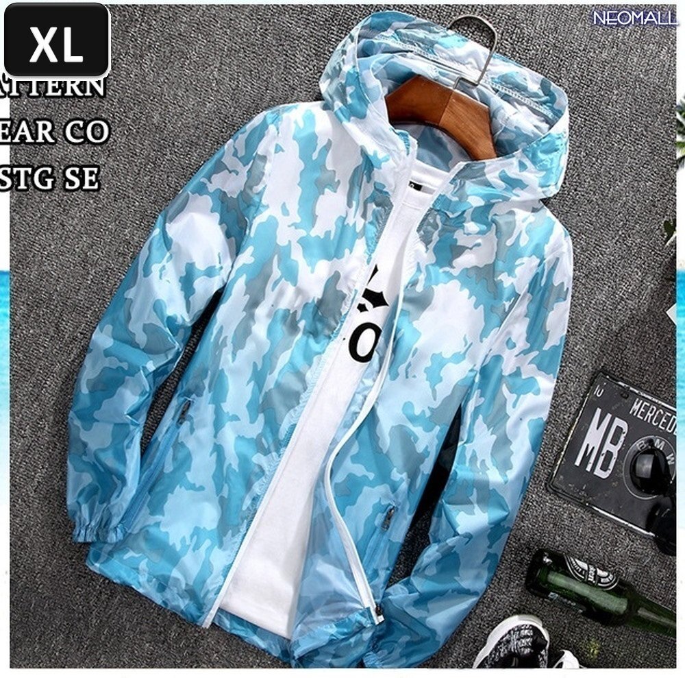 人気商品【372】 ウィンドブレーカー フード付き ライトブルー XL メンズ ナイロン カモフラ 柄 アウトドア 防風 軽量 ジャケット拍卖