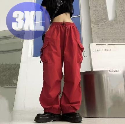 カーゴパンツ レッド レディース 3XL ワイド ストリート ダンス アウトドア ウエストゴム拍卖
