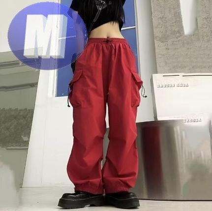 カーゴパンツ レッド レディース M ワイド ストリート ダンス アウトドア ウエストゴム拍卖
