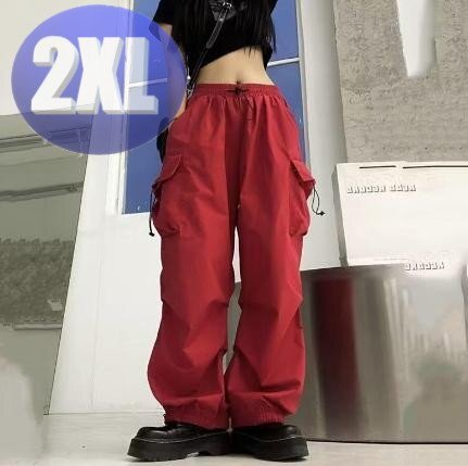 カーゴパンツ レッド レディース 2XL ワイド ストリート ダンス アウトドア ウエストゴム拍卖