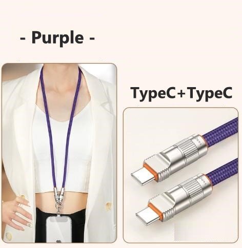 スマホネックストラップ パープル 90cm 充電ケーブル 2in1 TypeC + TypeC 充電コード拍卖