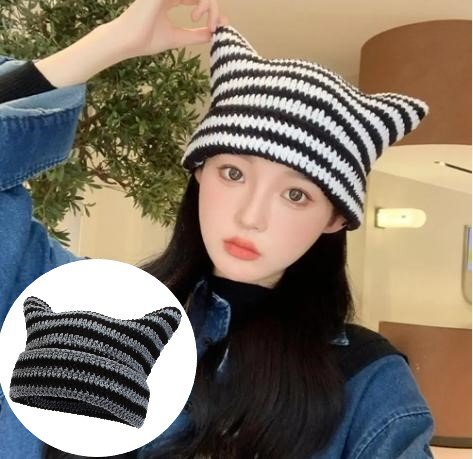 耳付き かわいい 猫の耳 ニット 帽子 秋 冬 春 暖かい 防寒 カラーNo.02拍卖