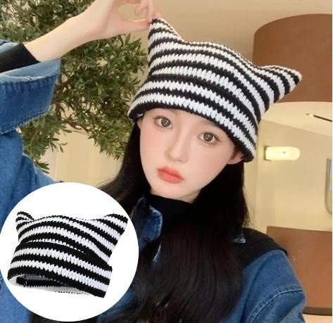 耳付き かわいい 猫の耳 ニット 帽子 秋 冬 春 暖かい 防寒 カラーNo.01拍卖