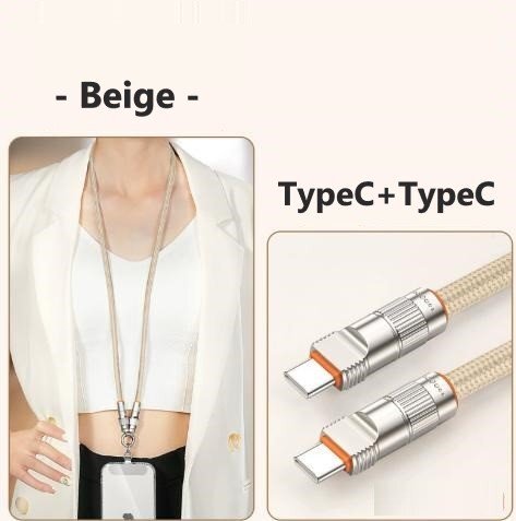 スマホネックストラップ ベージュ 90cm 充電ケーブル 2in1 TypeC + TypeC 充電コード拍卖