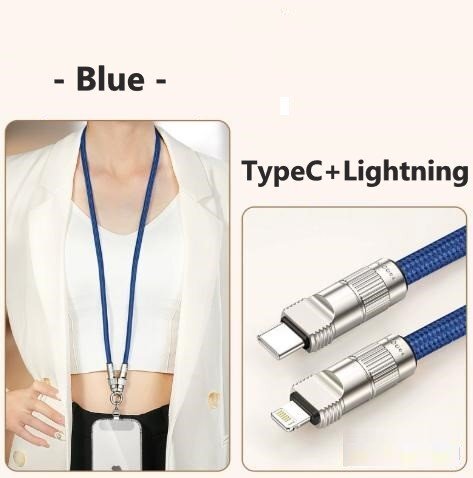 スマホネックストラップ ブルー 90cm 充電ケーブル 2in1 TypeC + Lightning 充電コード拍卖