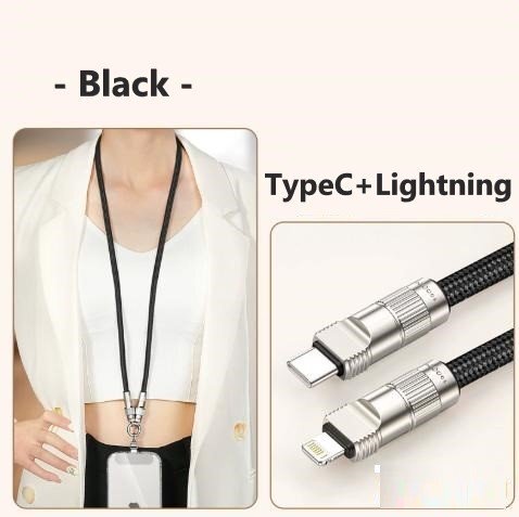 スマホネックストラップ ブラック 90cm 充電ケーブル 2in1 TypeC + Lightning 充電コード拍卖