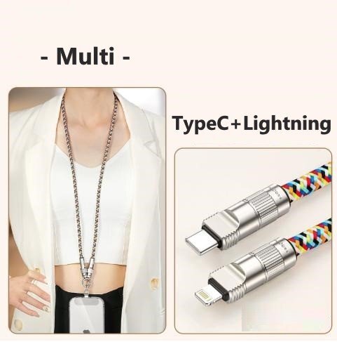 スマホネックストラップ マルチカラー 90cm 充電ケーブル 2in1 TypeC + Lightning 充電コード拍卖