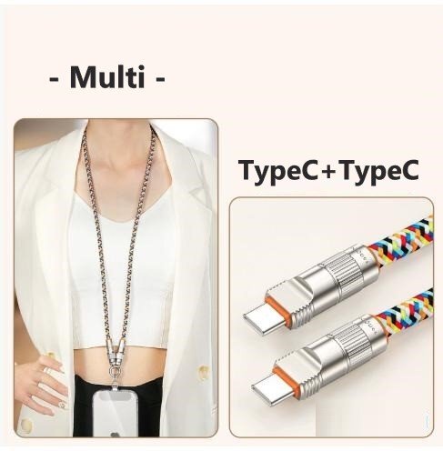 スマホネックストラップ マルチカラー 90cm 充電ケーブル 2in1 TypeC + TypeC 充電コード拍卖