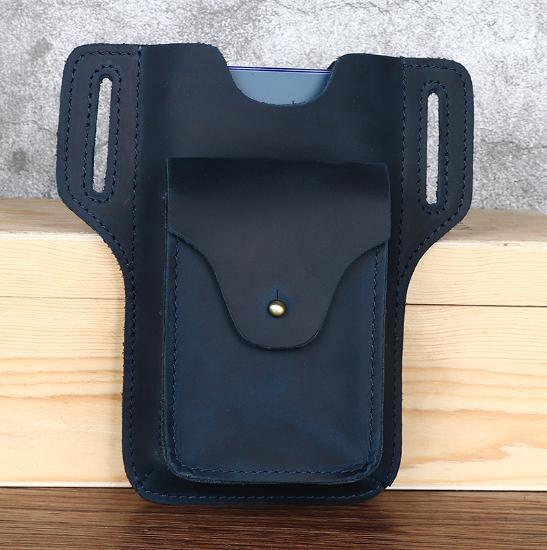 送料コミコミ☆ ベルトに通せる ウェストポーチ 本革 ネイビー 牛革 スマホ タバコ 【n225】拍卖