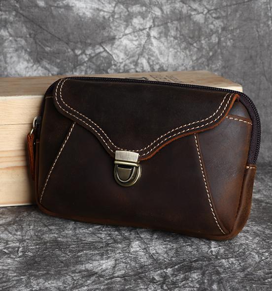 送料コミコミ☆ ベルトに通せる ウェストポーチ 本革 ダークブラウン 牛革 ヒップバッグ 【n222】拍卖