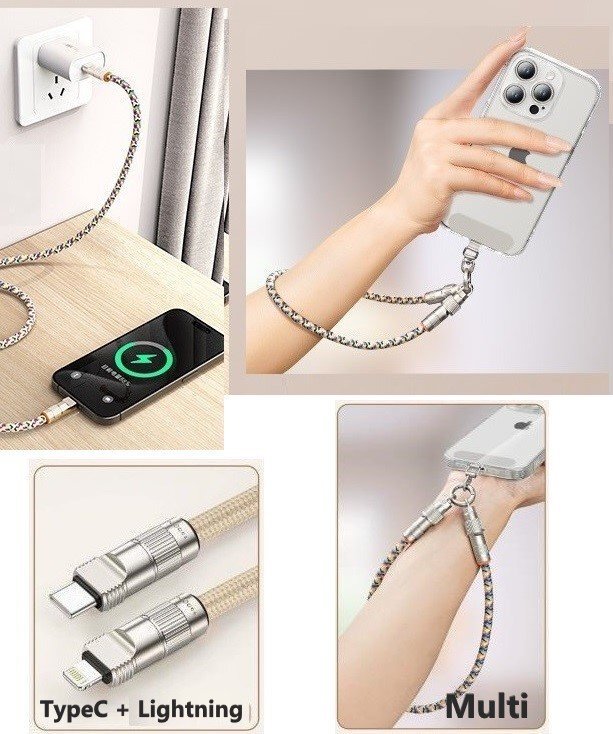 スマホハンドストラップ マルチカラー 30cm 充電ケーブル 2in1 TypeC + Lightning 充電コード拍卖