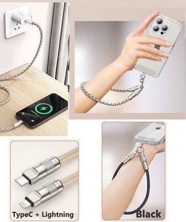 スマホハンドストラップ ブラック 30cm 充電ケーブル 2in1 TypeC + Lightning 充電コード拍卖