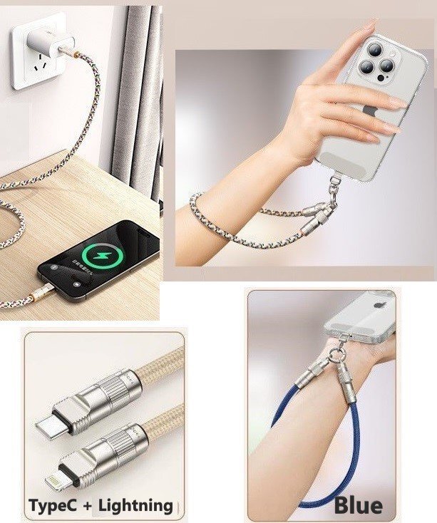 スマホハンドストラップ ブルー 30cm 充電ケーブル 2in1 TypeC + Lightning 充電コード拍卖