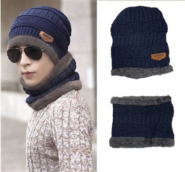 ニット帽+ネックウォーマー ネイビー 2点セット 裏起毛 メンズ レディース 男女兼用 防寒対策拍卖